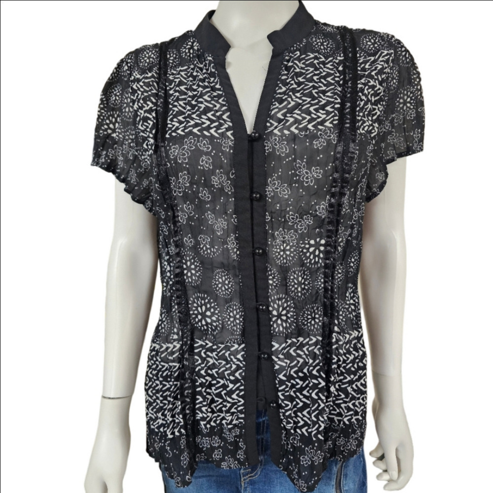NY Collection Short Sleeve Button Down Sheer Floral Top Size L
